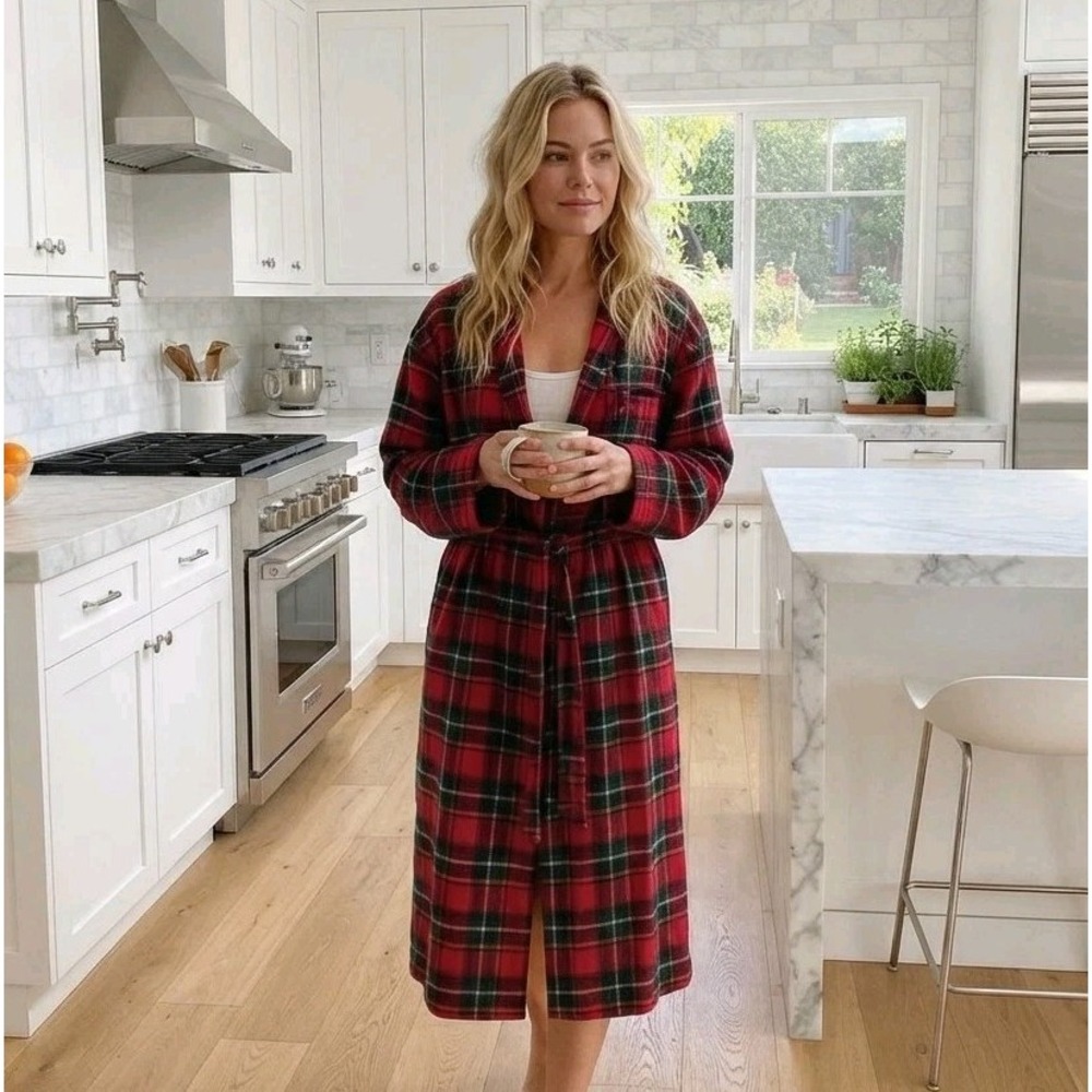 New SKIMS Flannel Sleep Long Robe Brick Holiday Plaid Red S Gift 100% Cotton